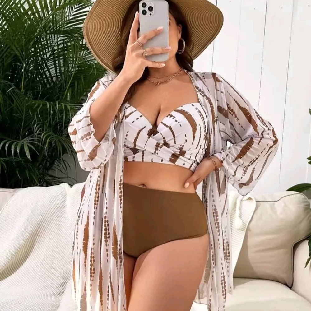 Women’s Two-Piece Swim Set with Cover-Up — White & Brown
